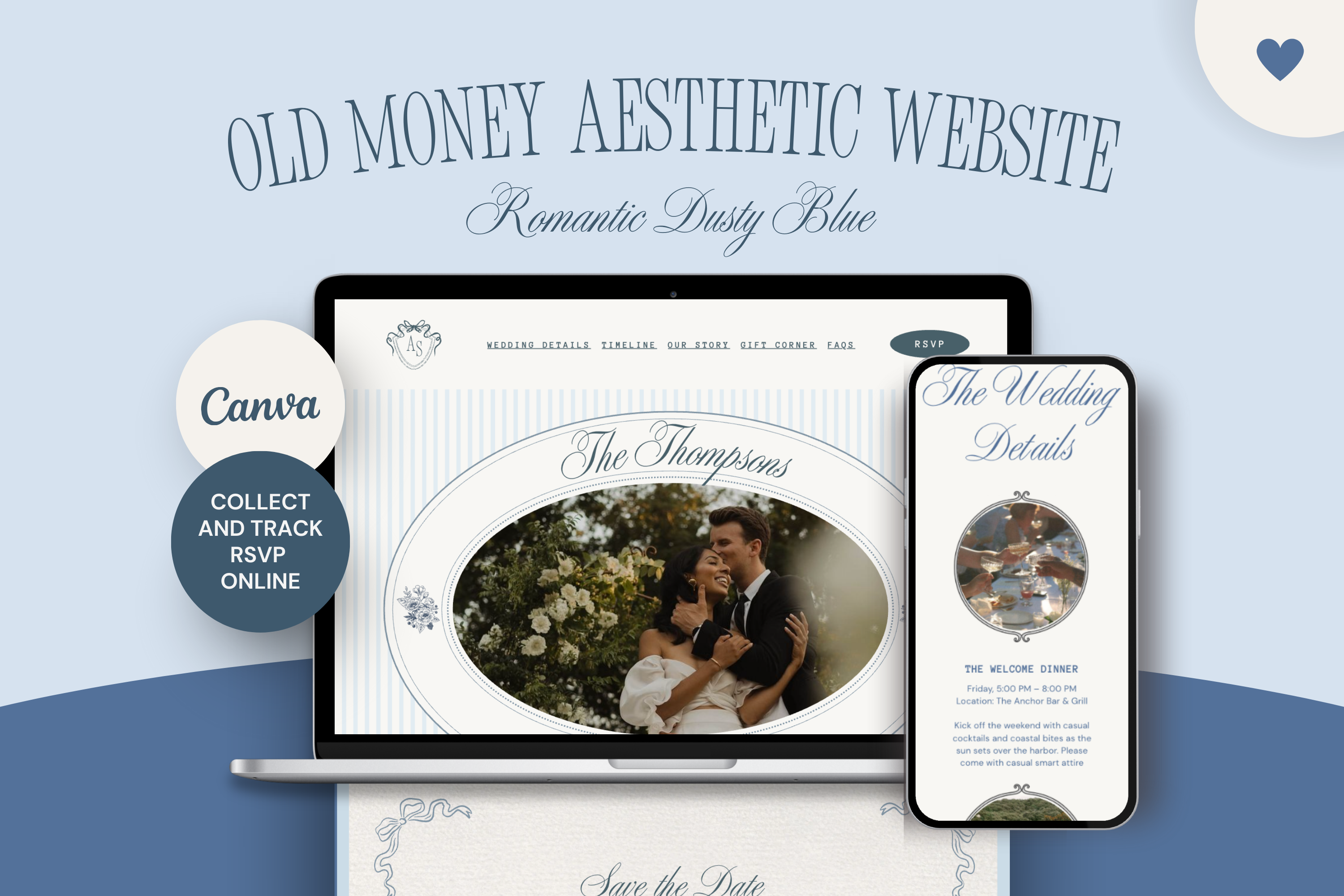 Dusty Blue Old Money Aesthetic Canva Wedding Website Template with Google RSVP