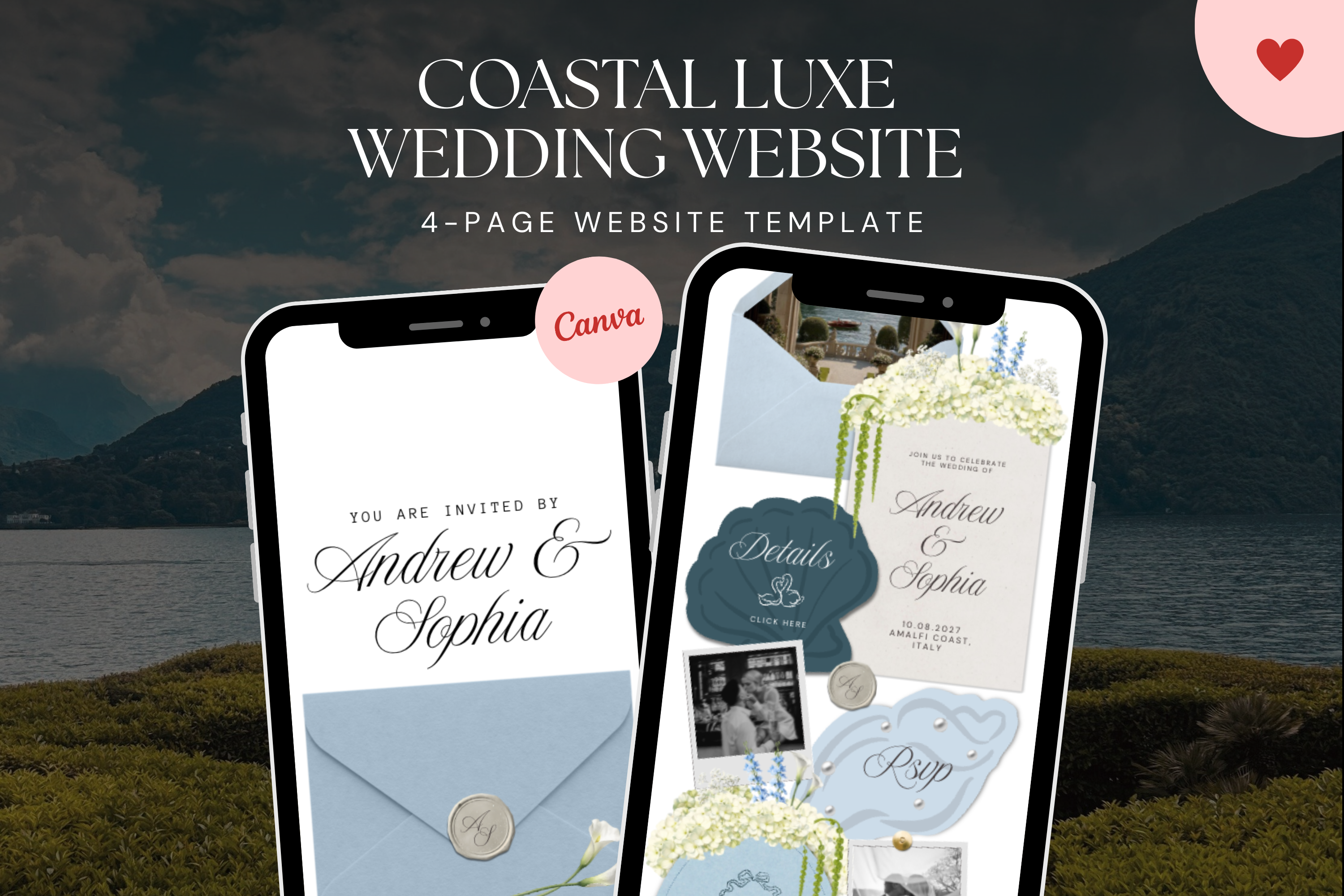 Coastal Luxe Dusty Blue Wedding Website Template with Google RSVP