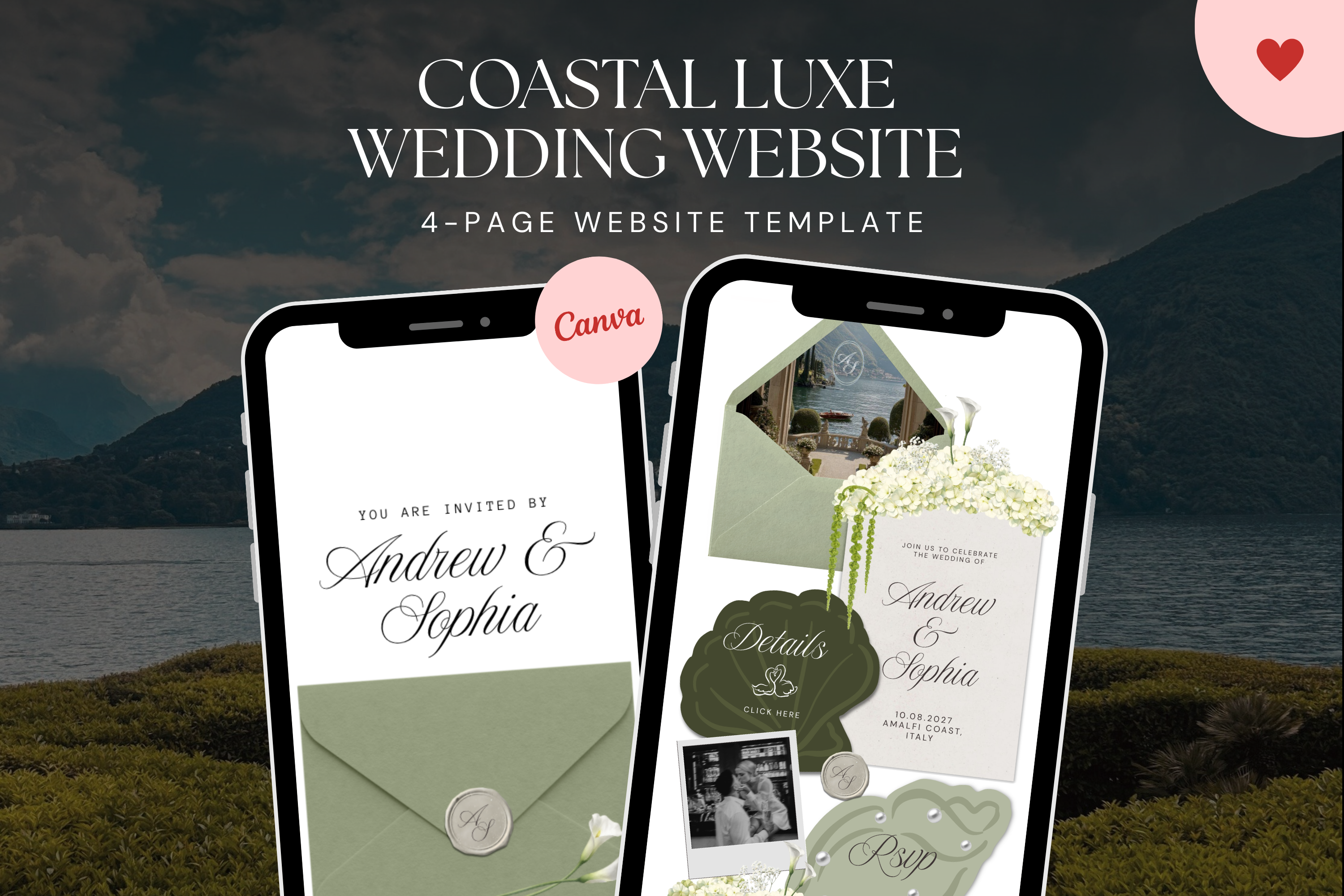 Coastal Luxe Sage Green and Ivory Canva Website Template with Google RSVP