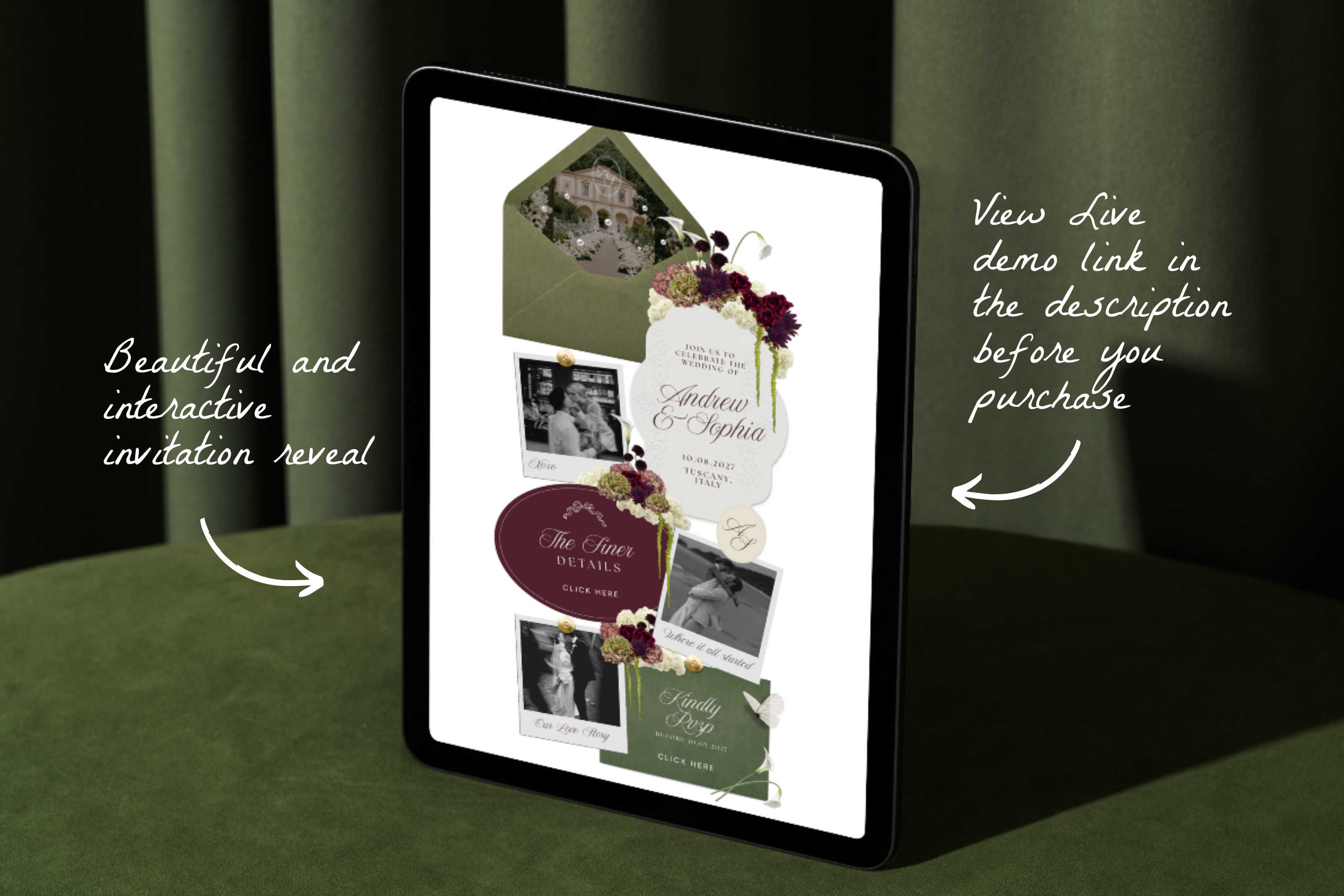 Olive Green & Burgundy Floral Luxe Wedding Website Template with Google RSVP