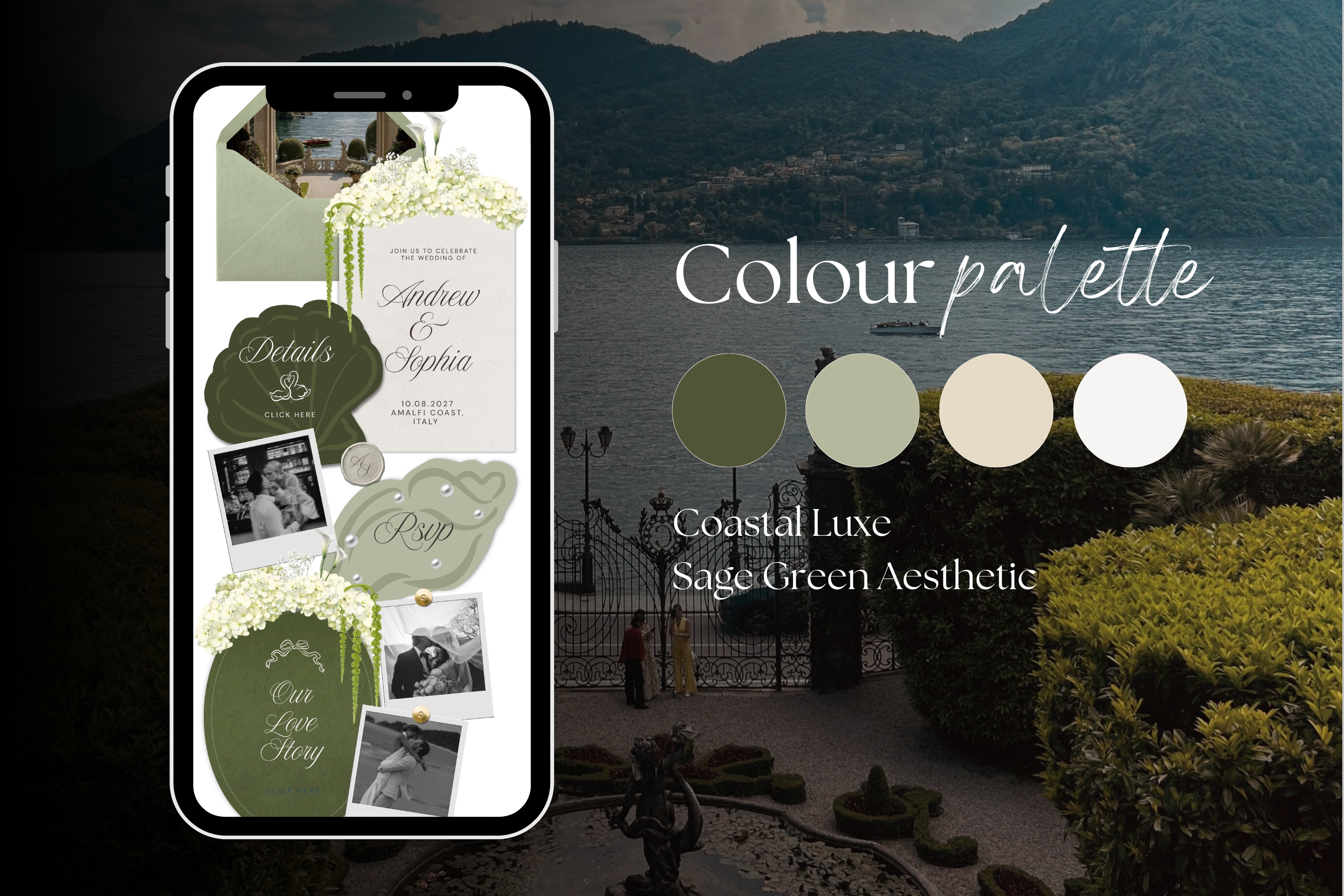 Coastal Luxe Sage Green and Ivory Canva Website Template with Google RSVP
