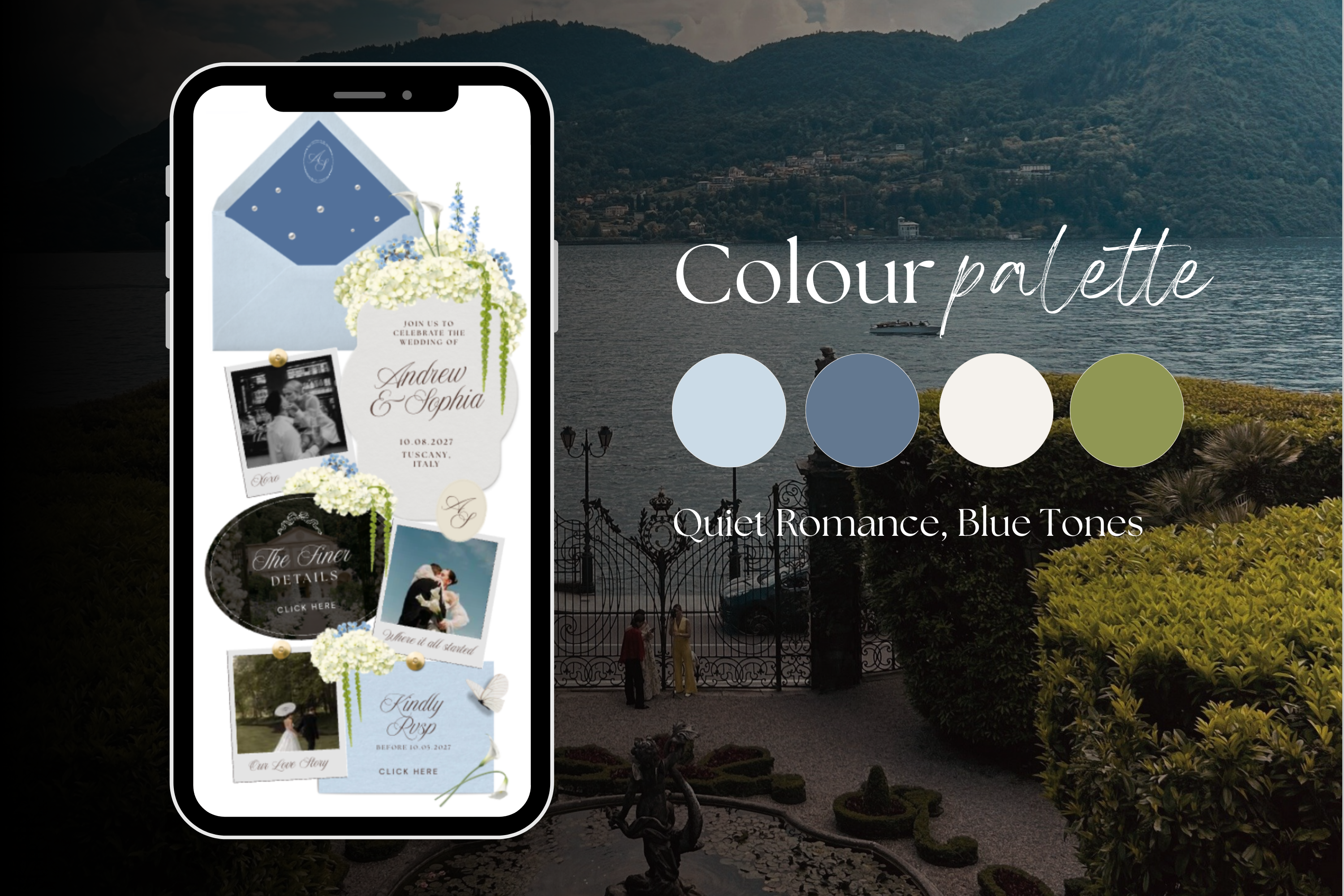 Dusty Blue Floral Luxe Wedding Website Template with Google RSVP
