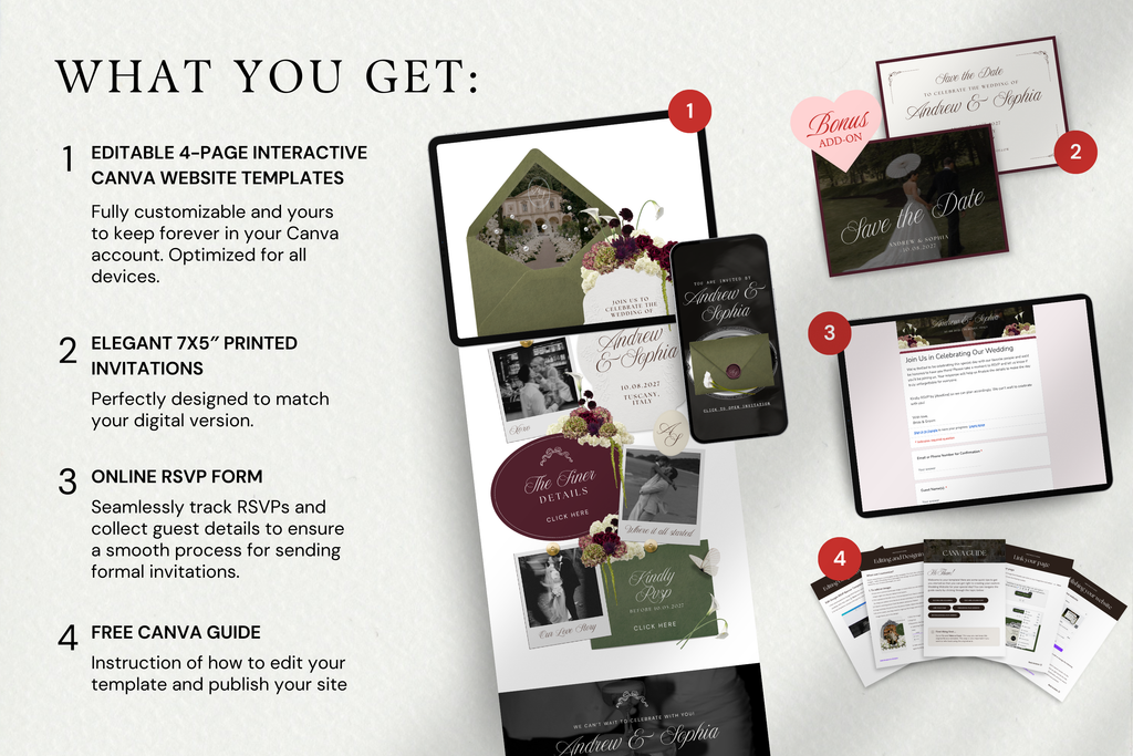 Olive Green & Burgundy Floral Luxe Wedding Website Template with Google RSVP