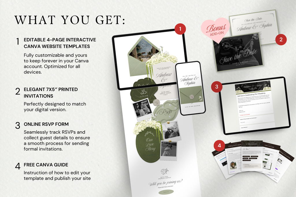 Coastal Luxe Sage Green and Ivory Canva Website Template with Google RSVP