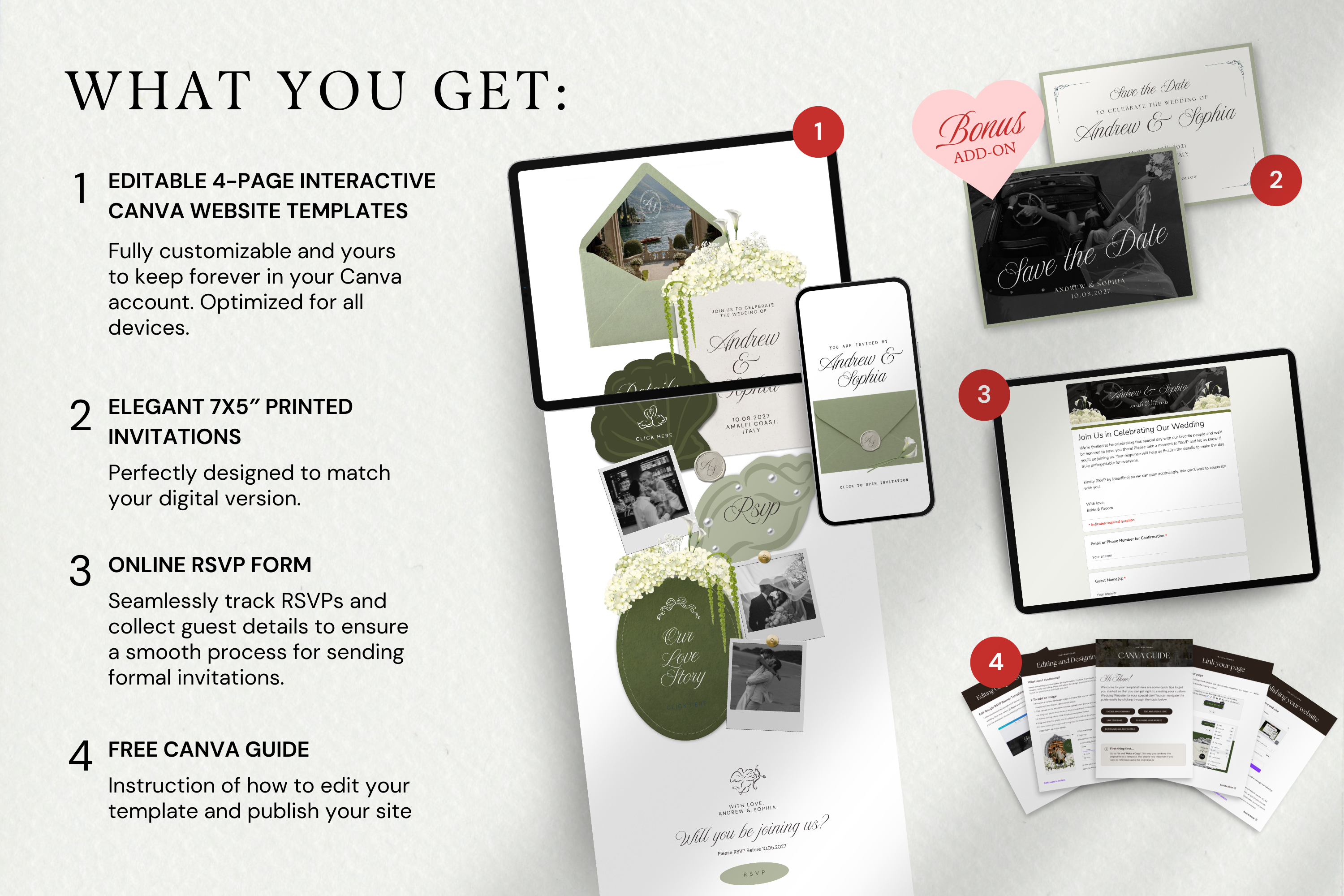 Coastal Luxe Sage Green and Ivory Canva Website Template with Google RSVP