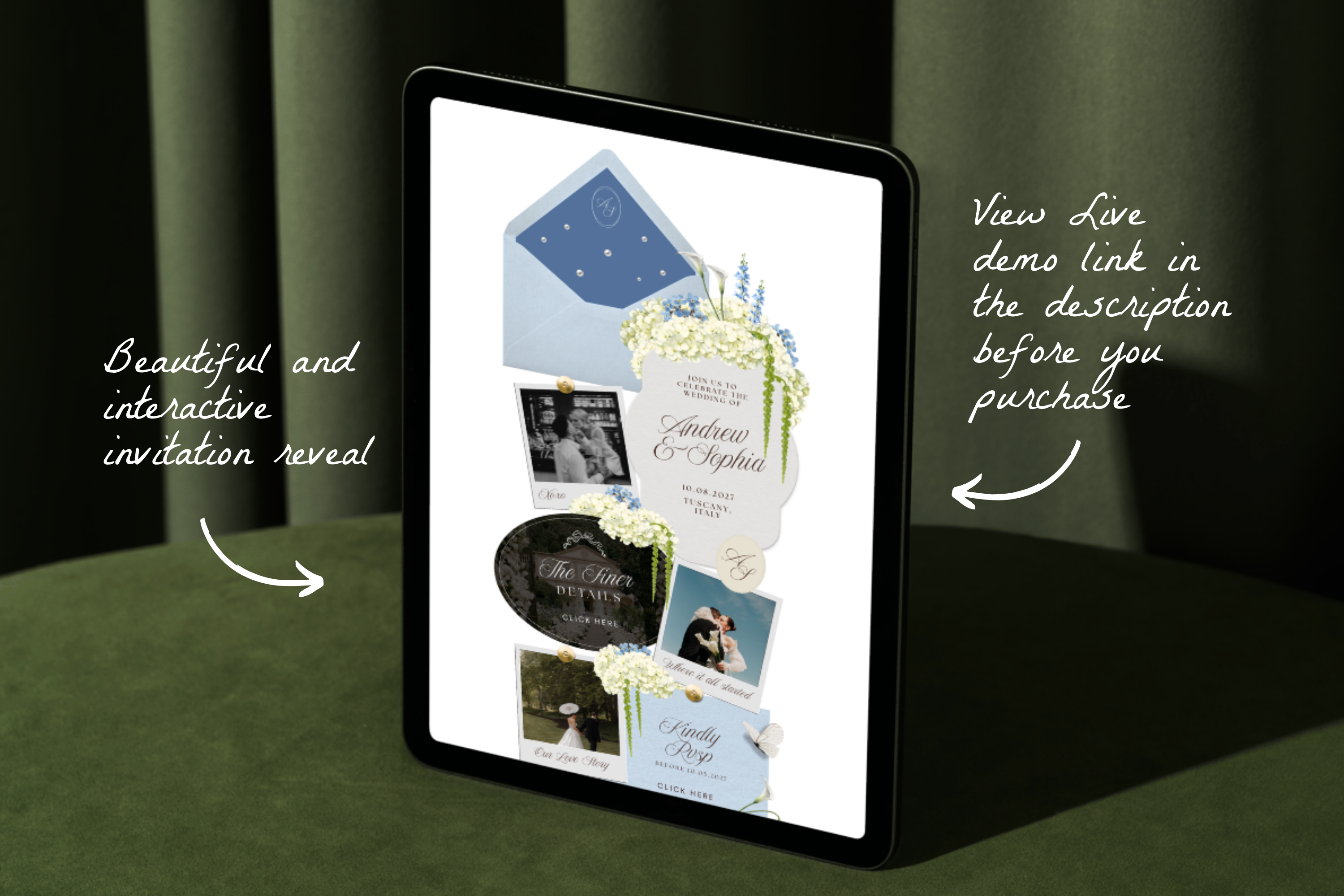 Dusty Blue Floral Luxe Wedding Website Template with Google RSVP