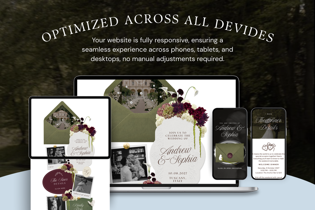 Olive Green & Burgundy Floral Luxe Wedding Website Template with Google RSVP