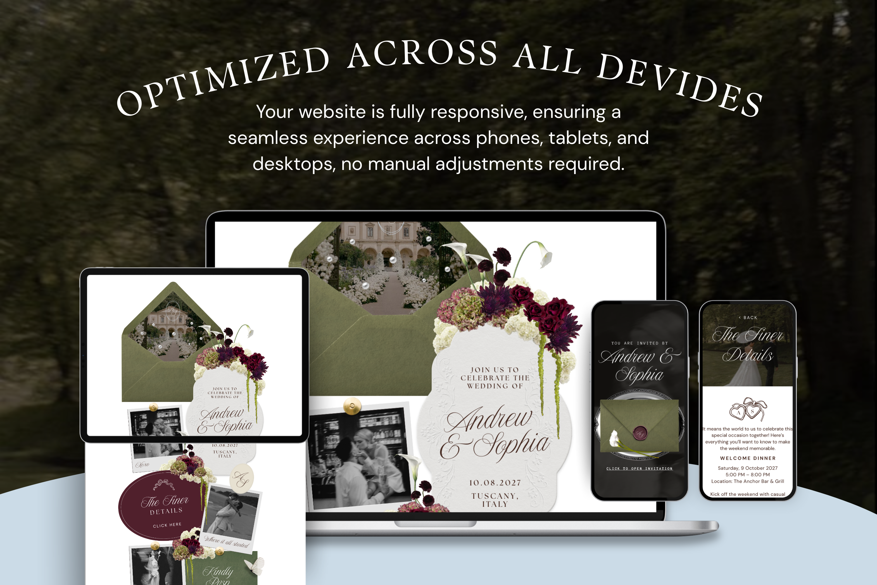 Olive Green & Burgundy Floral Luxe Wedding Website Template with Google RSVP