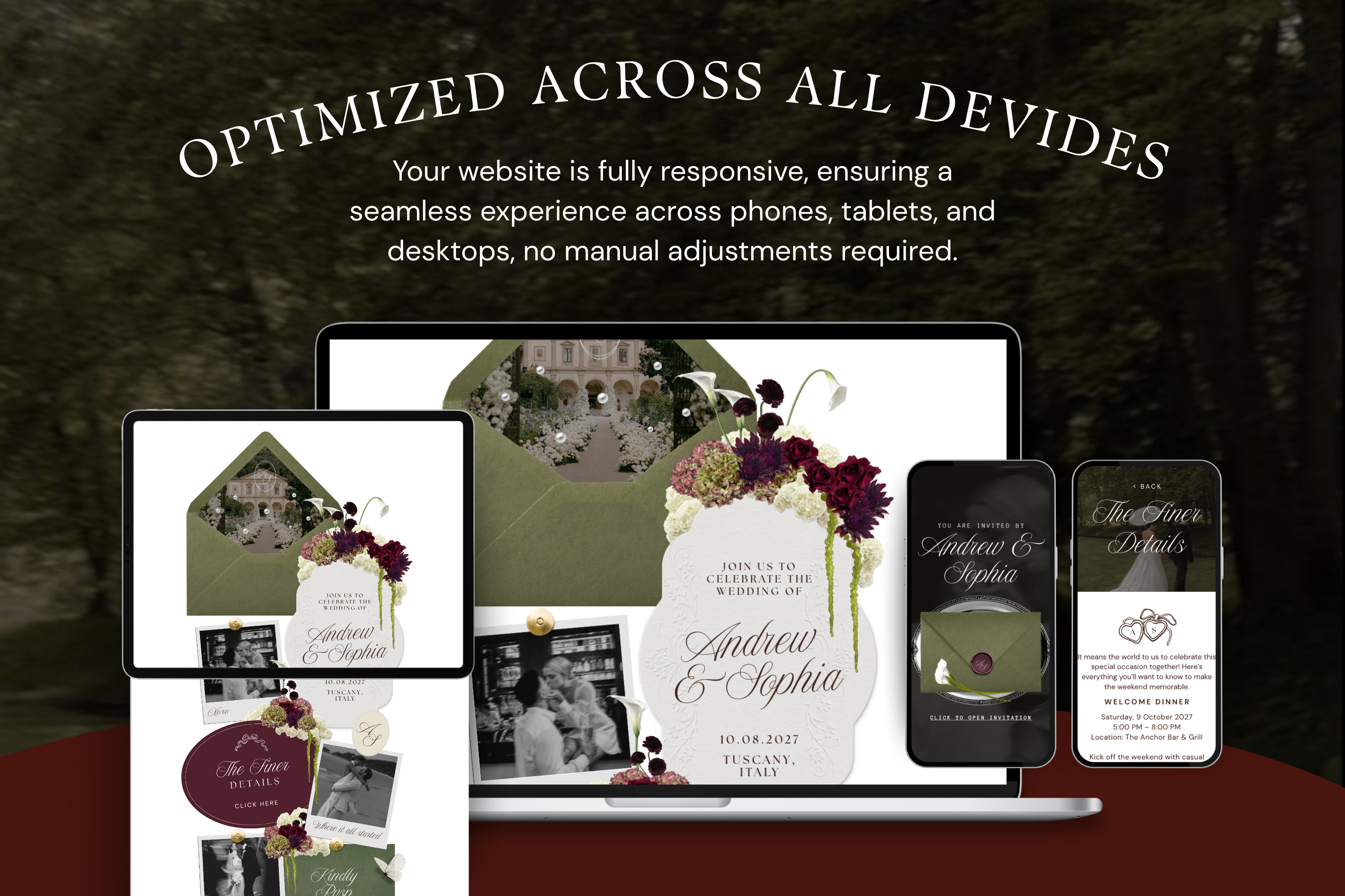 Olive Green & Burgundy Floral Luxe Wedding Website Template with Google RSVP