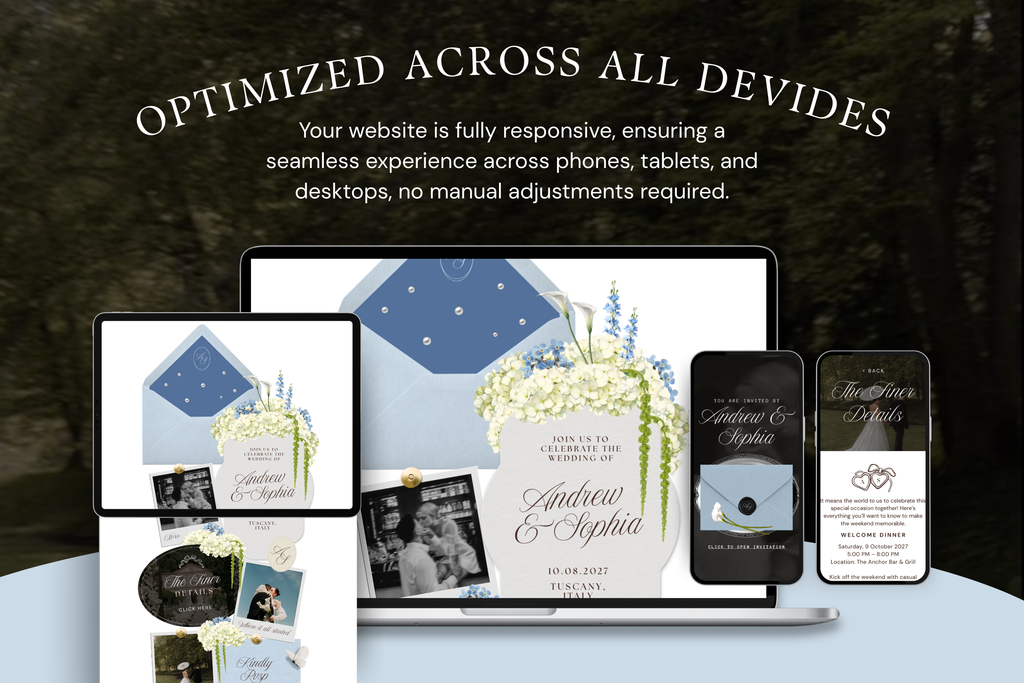 Dusty Blue Floral Luxe Wedding Website Template with Google RSVP