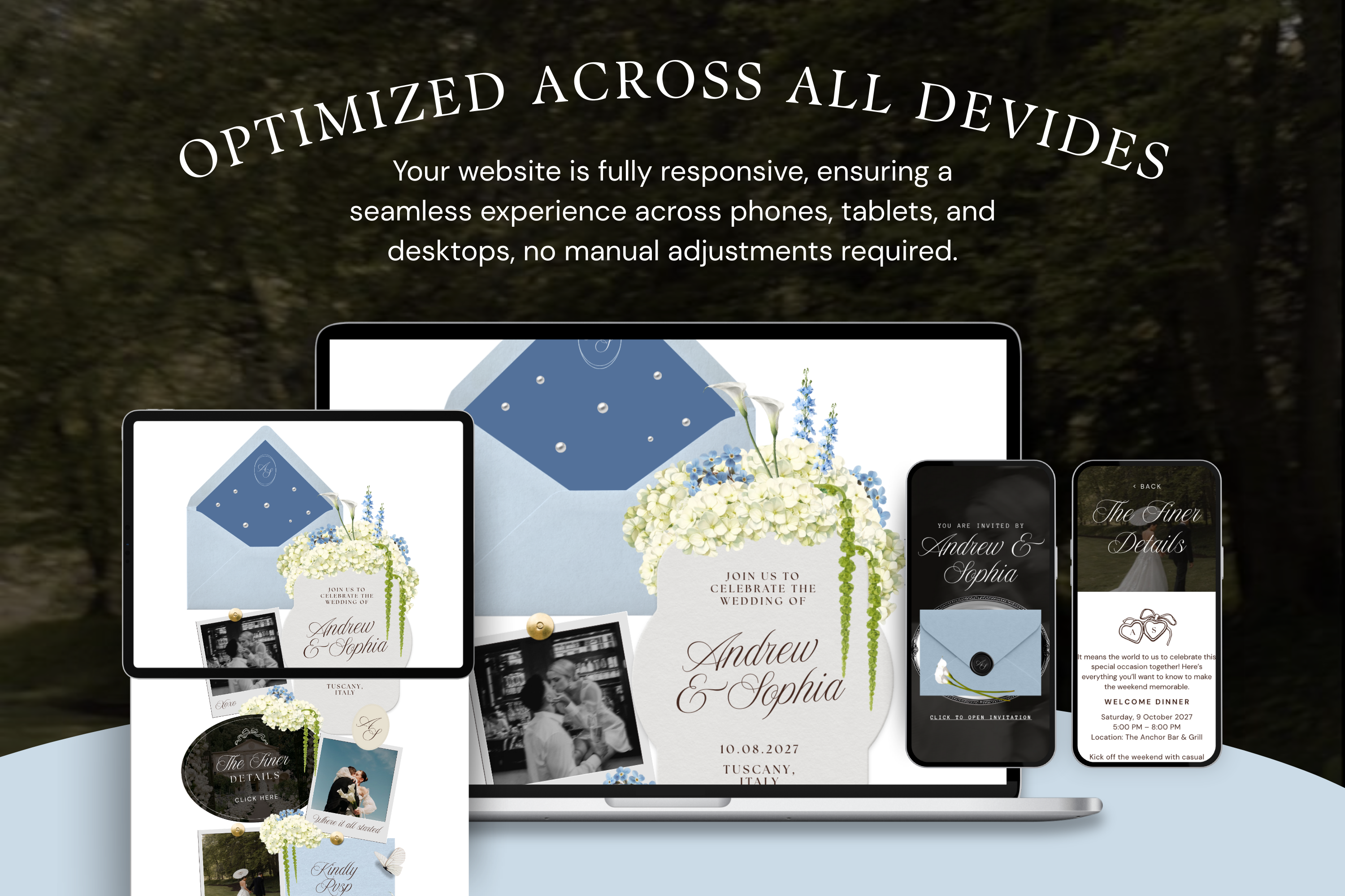 Dusty Blue Floral Luxe Wedding Website Template with Google RSVP